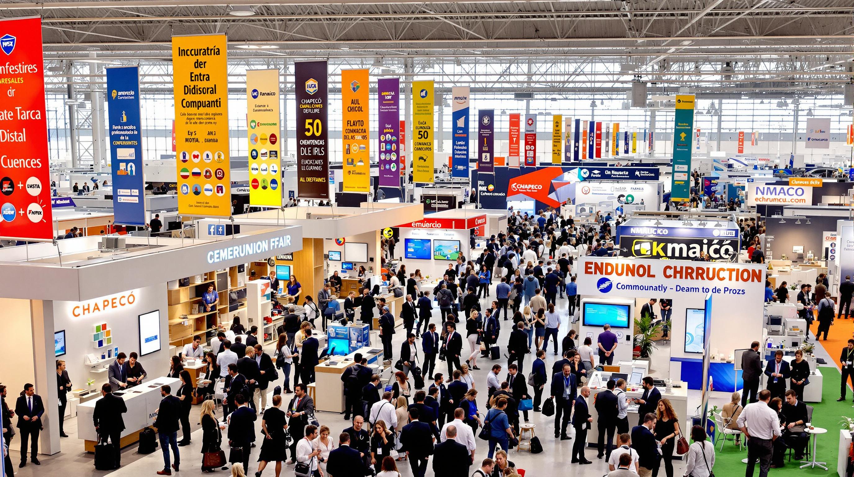 Imagem de um evento, vários stands, e banners de empresas