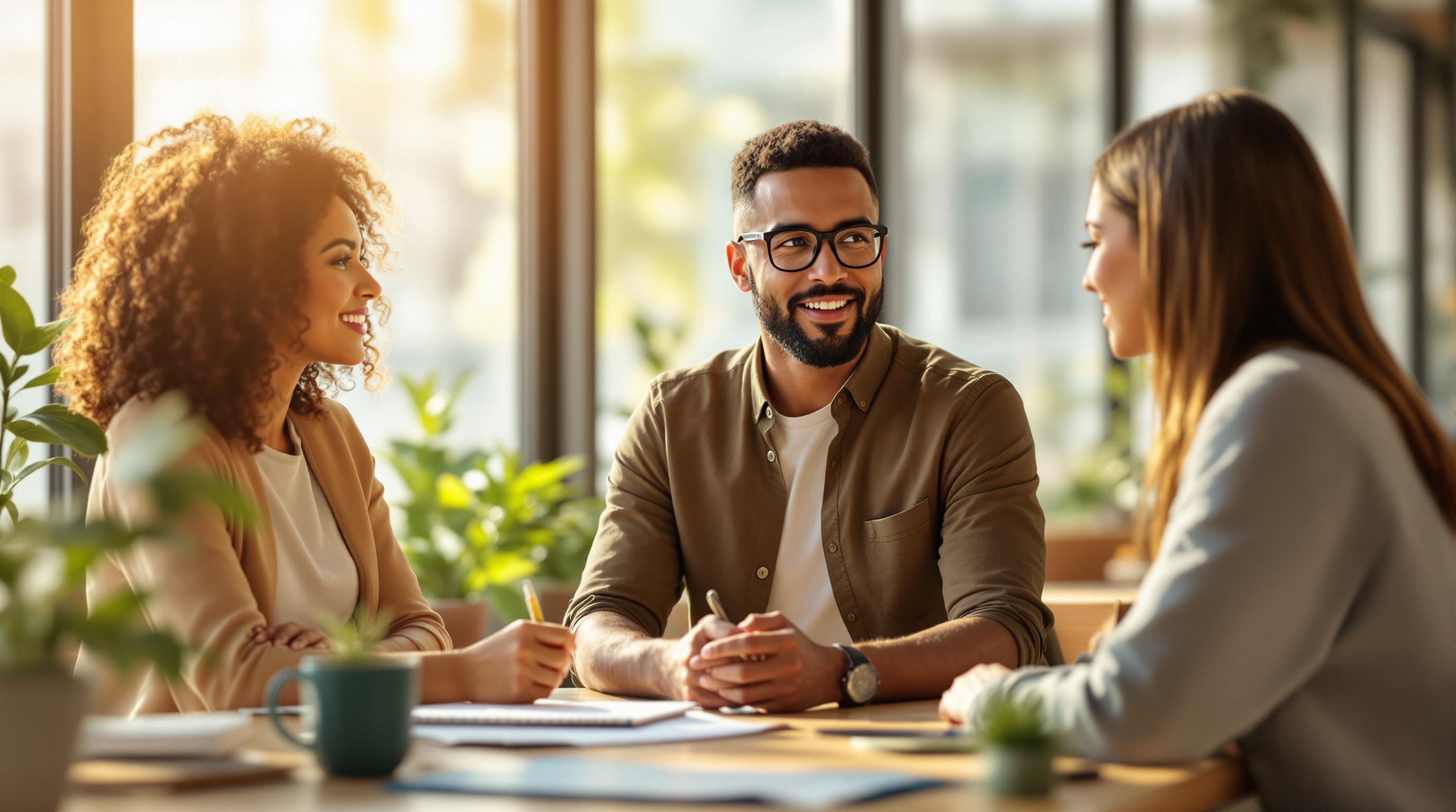 Homem e duas mulheres sentados em uma mesa conversando