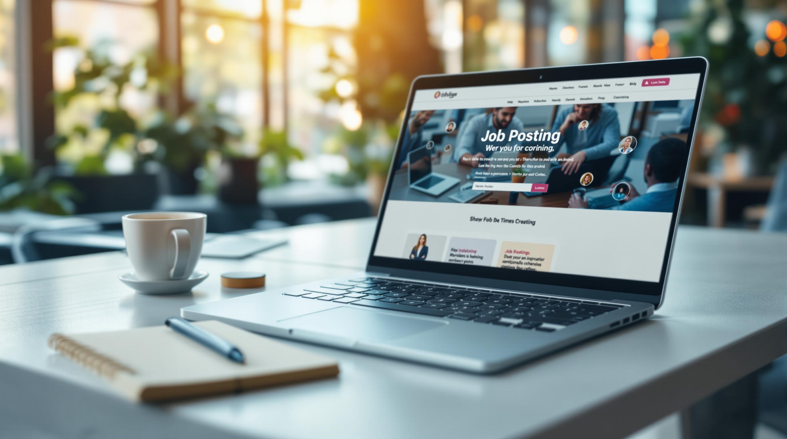 Notebook em uma mesa, com papel, caneta, e na tela um site de vagas de emprego aberto
