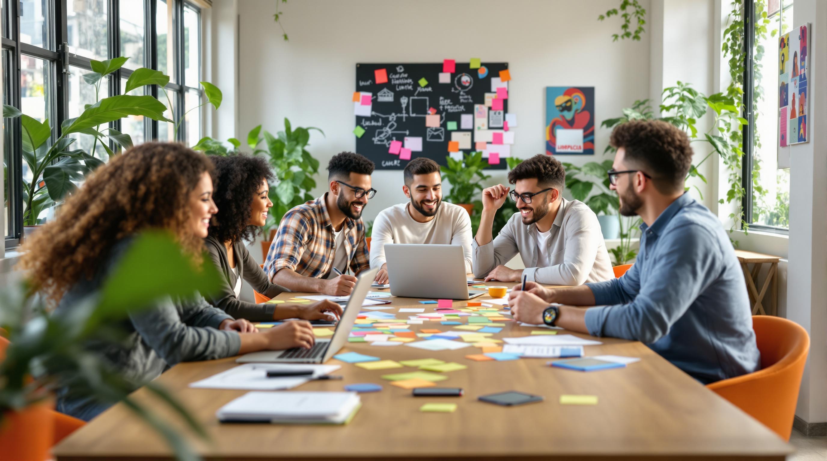Várias pessoas sentadas em uma mesa de reunião conversando