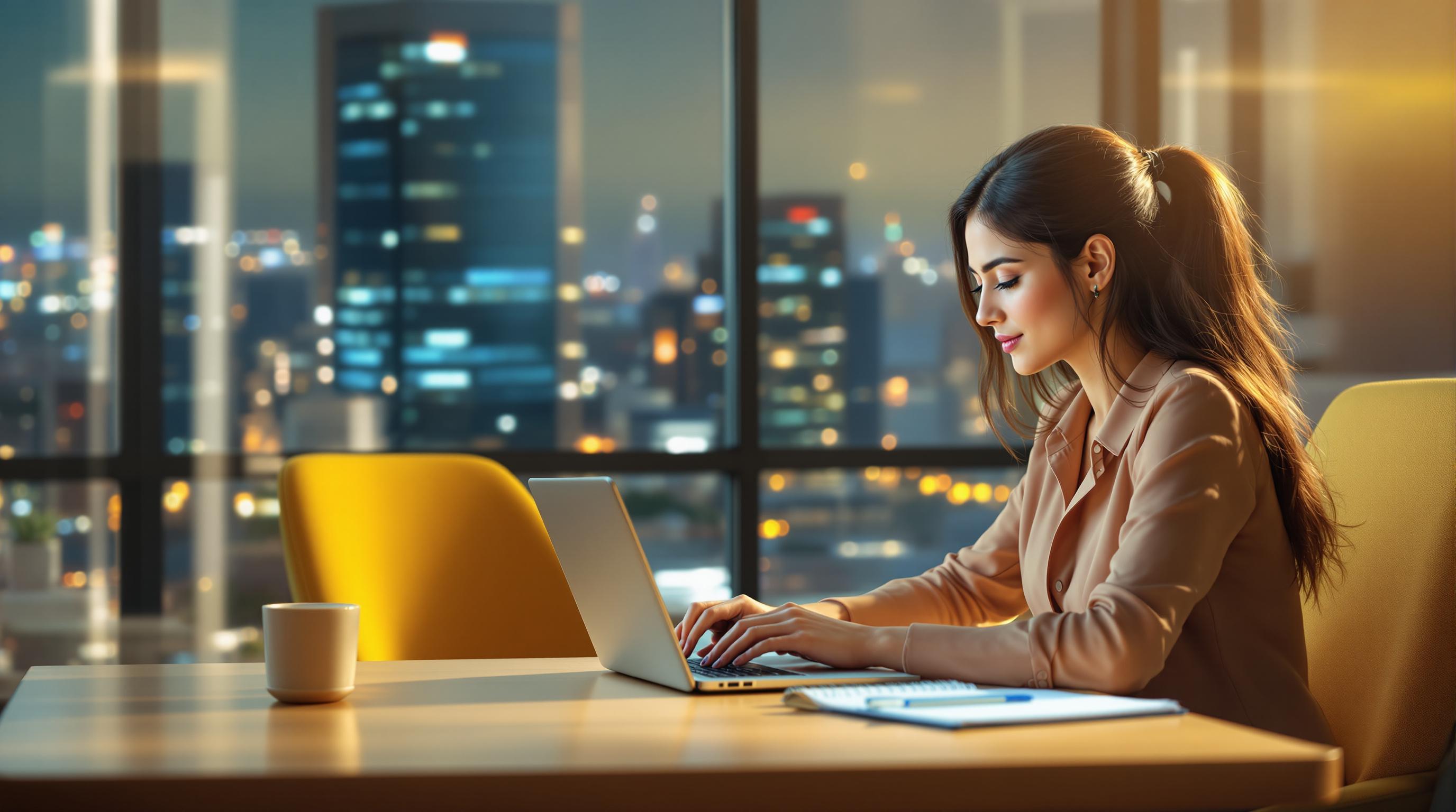 Mulher em um apartamento, sentada em uma mesa, olhando para um notebook