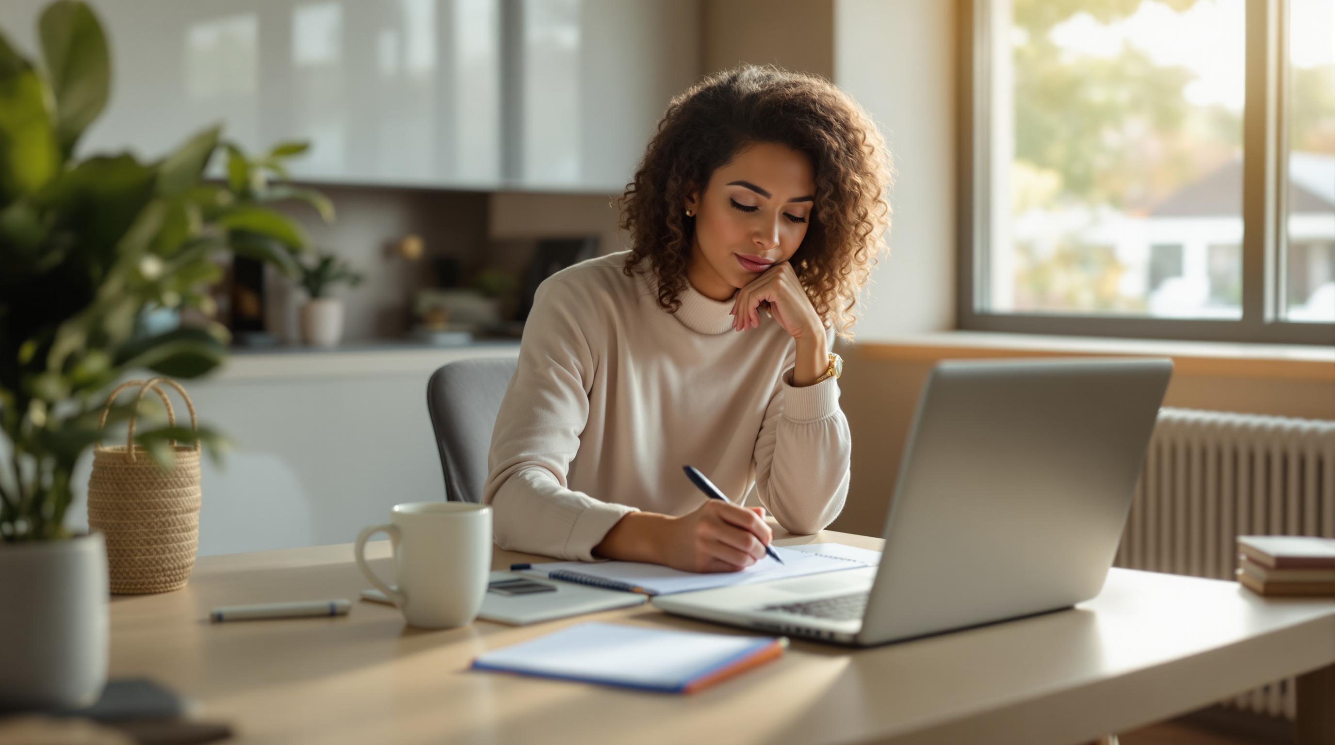 Mulher sentada em uma mesa estudando, com um notebook e papéis