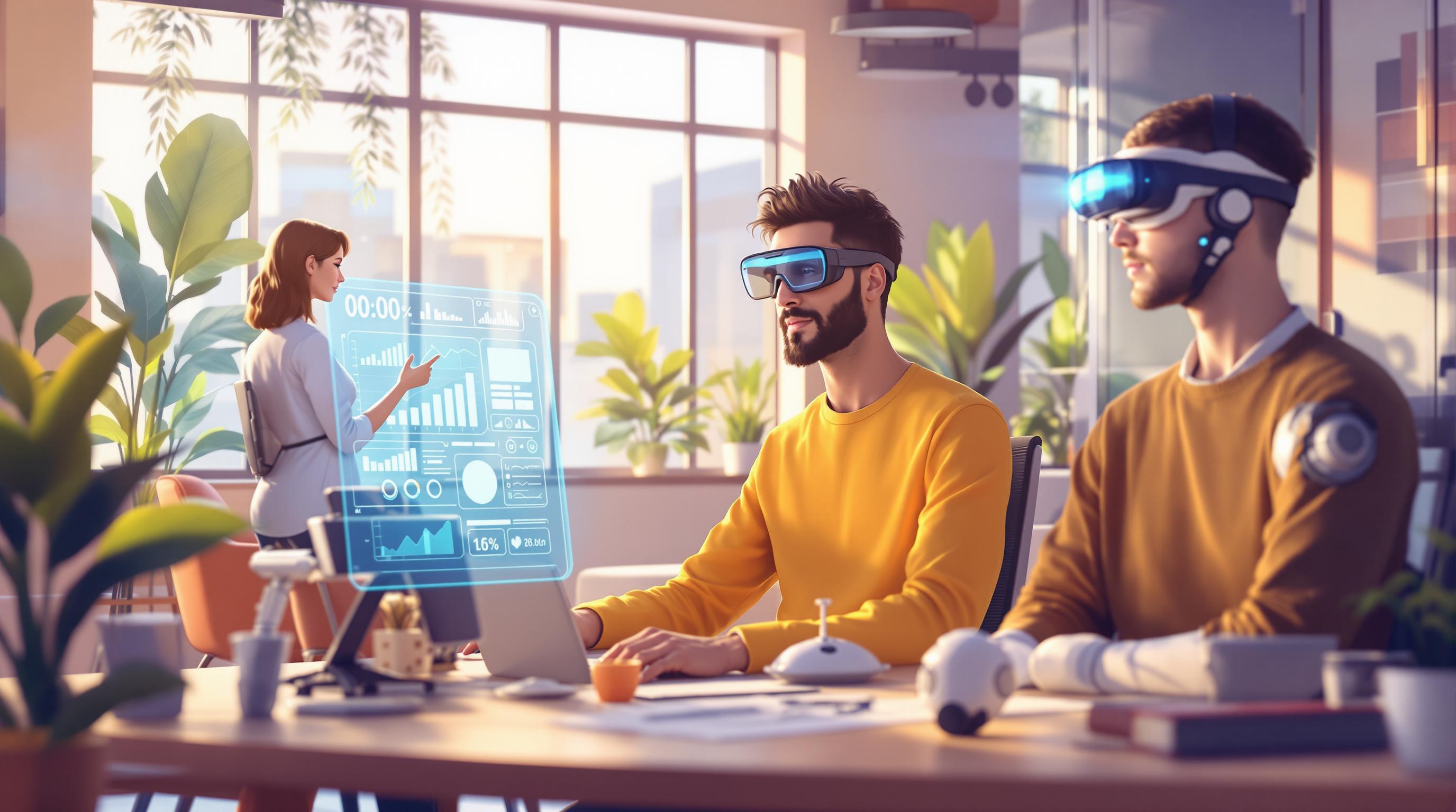 Imagem futurista de pessoas trabalhando com óculos de realidade virtual